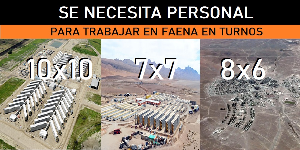 SE SOLICITA PERSONAL PARA TRABAJAR EN FAENAS TURNOS 10X10 , 7X7 y 8X6