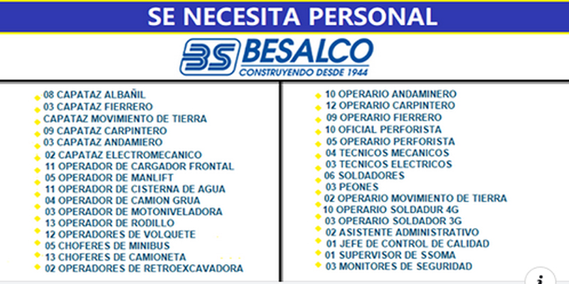 SE NECESITA PERSONAL PARA BESALCO S.A